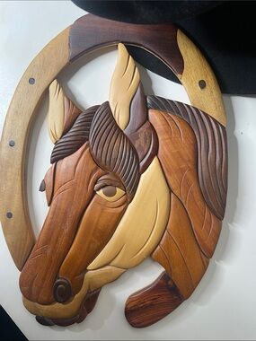 Vintage horse intarsia wood 3D handcrafted wall hanging rustic ranch horses